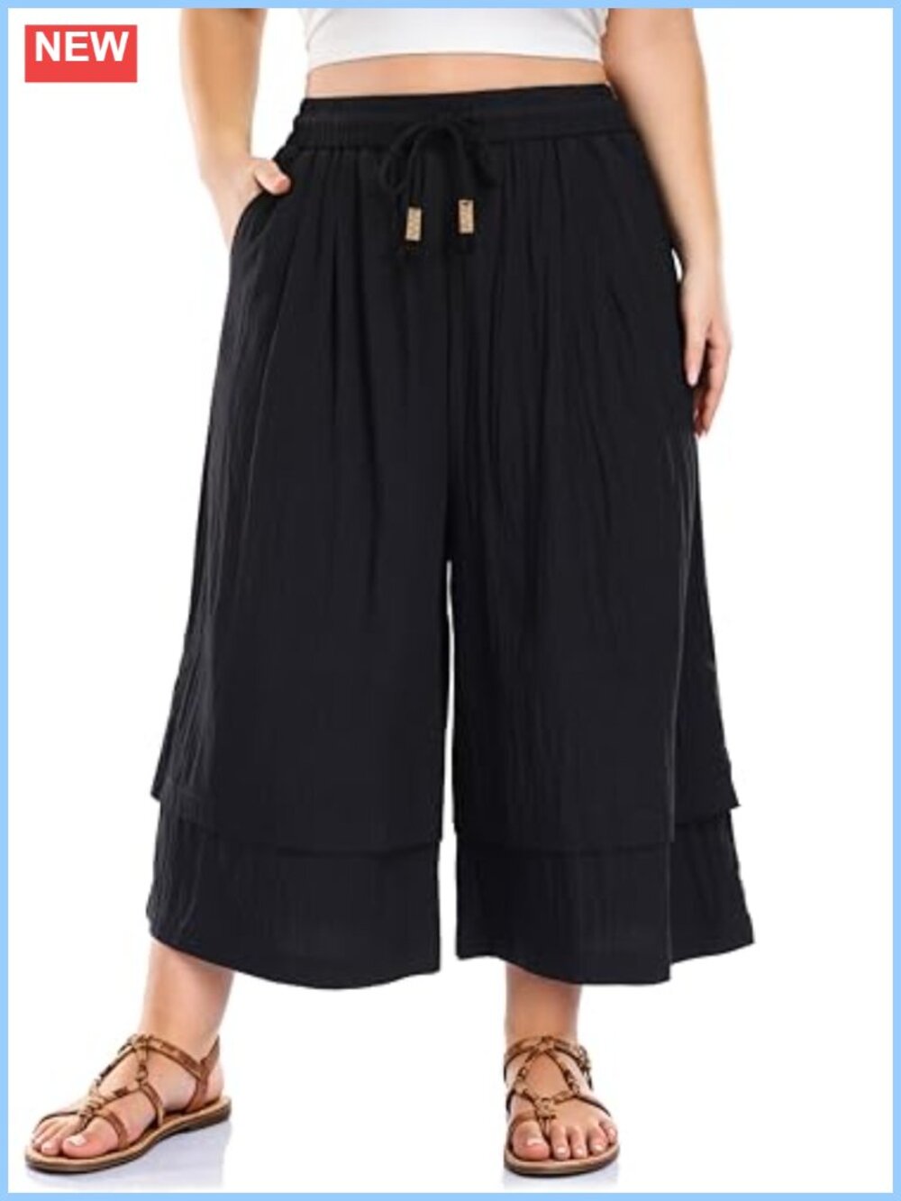 Plus Size Layered Wide Leg Cropped Pants Drawstring Waist Lightweight with